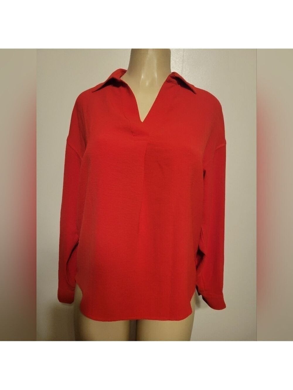 Rafellla Womens Red V-Neck Blouse Demure Work Business Causal